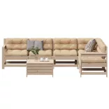 7 részes tömör fenyőfa kerti ülőgarnitúra párnával