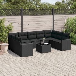   10 részes fekete polyrattan kerti ülőgarnitúra párnákkal