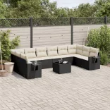11 részes fekete polyrattan kerti ülőgarnitúra párnákkal