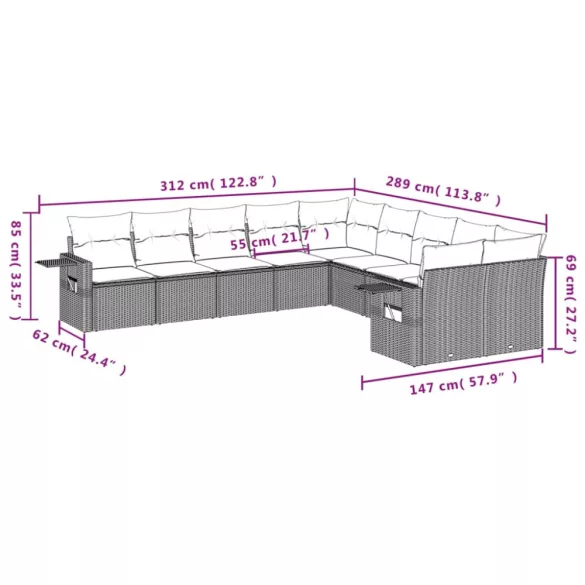 10 részes fekete polyrattan kerti ülőgarnitúra párnákkal