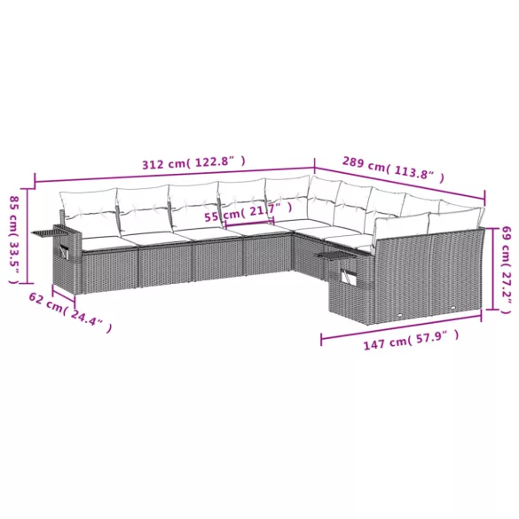 10 részes bézs polyrattan kerti ülőgarnitúra párnával