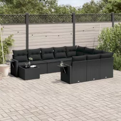   11 részes fekete polyrattan kerti ülőgarnitúra párnákkal