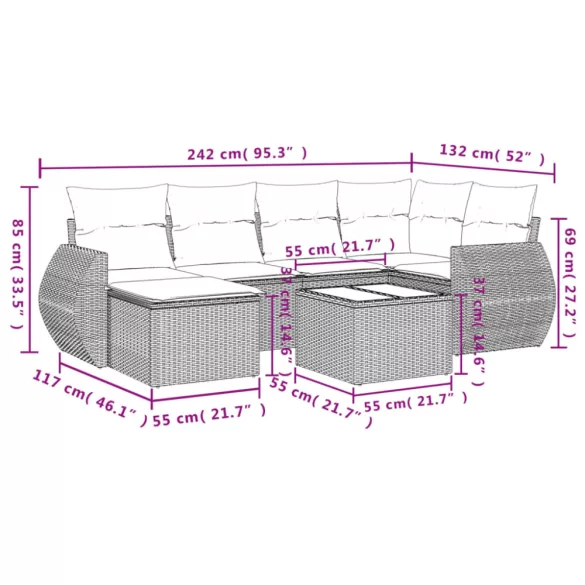 7 részes fekete polyrattan kerti ülőgarnitúra párnával