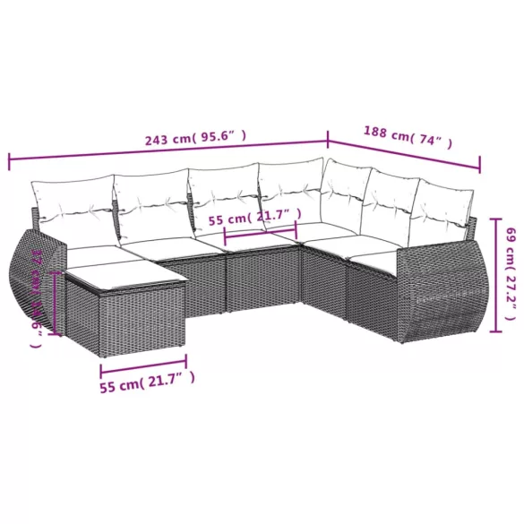 7 részes fekete polyrattan kerti ülőgarnitúra párnával
