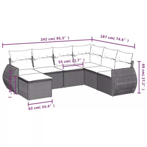 7 részes fekete polyrattan kerti ülőgarnitúra párnával