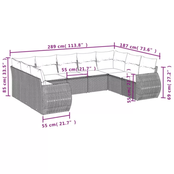 9 részes fekete polyrattan kerti ülőgarnitúra párnákkal
