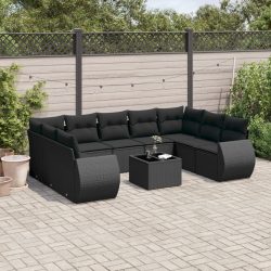   10 részes fekete polyrattan kerti ülőgarnitúra párnákkal