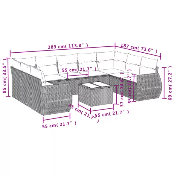 10 részes fekete polyrattan kerti ülőgarnitúra párnákkal