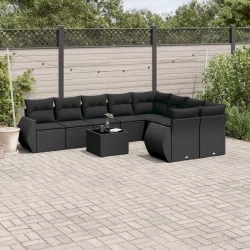   10 részes fekete polyrattan kerti ülőgarnitúra párnákkal