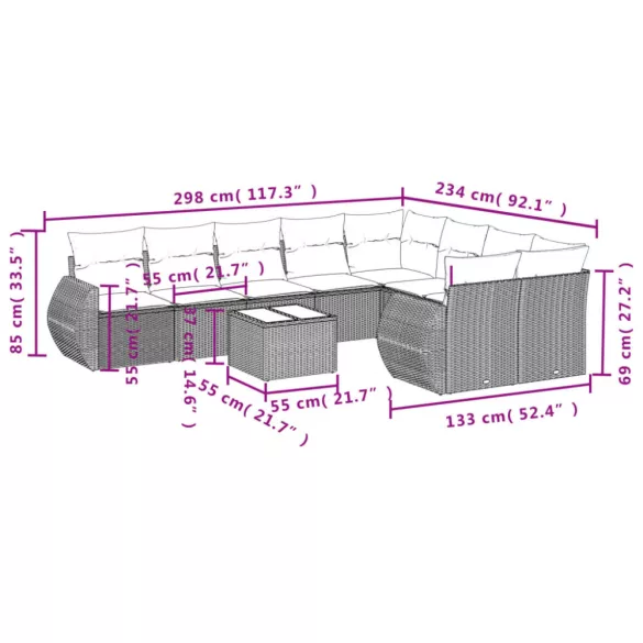 10 részes szürke polyrattan kerti ülőgarnitúra párnákkal