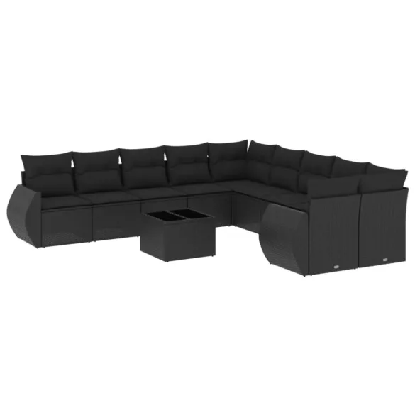 11 részes fekete polyrattan kerti ülőgarnitúra párnákkal
