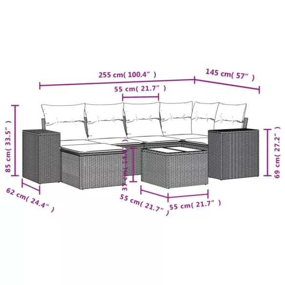 7 részes fekete polyrattan kerti ülőgarnitúra párnával