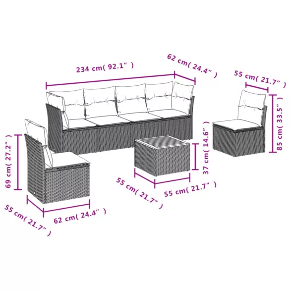 7 részes fekete polyrattan kerti ülőgarnitúra párnával