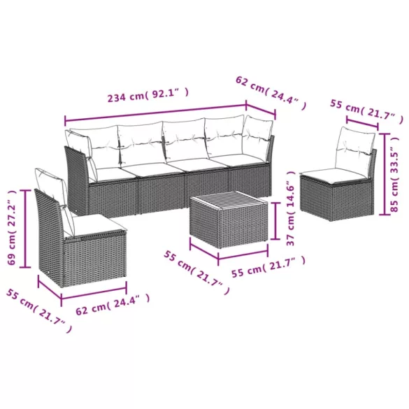 7 részes fekete polyrattan kerti ülőgarnitúra párnával