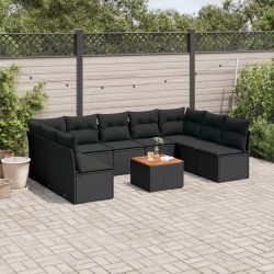   10 részes fekete polyrattan kerti ülőgarnitúra párnákkal