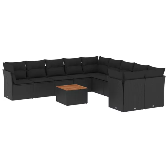 11 részes fekete polyrattan kerti ülőgarnitúra párnákkal