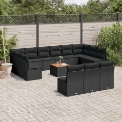   14 részes fekete polyrattan kerti ülőgarnitúra párnákkal