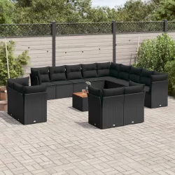   14 részes fekete polyrattan kerti ülőgarnitúra párnákkal