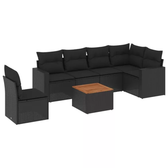 7 részes fekete polyrattan kerti ülőgarnitúra párnával