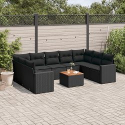   10 részes fekete polyrattan kerti ülőgarnitúra párnákkal