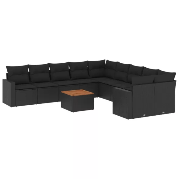 11 részes fekete polyrattan kerti ülőgarnitúra párnákkal