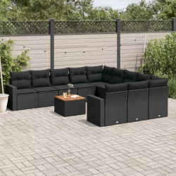   12 részes fekete polyrattan kerti ülőgarnitúra párnákkal