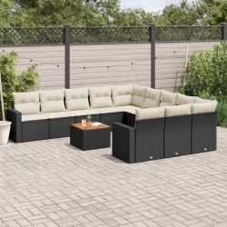   12 részes fekete polyrattan kerti ülőgarnitúra párnákkal