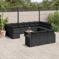   14 részes fekete polyrattan kerti ülőgarnitúra párnákkal