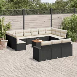  14 részes fekete polyrattan kerti ülőgarnitúra párnákkal