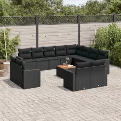   13 részes fekete polyrattan kerti ülőgarnitúra párnákkal