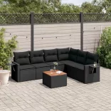 7 részes fekete polyrattan kerti ülőgarnitúra párnával