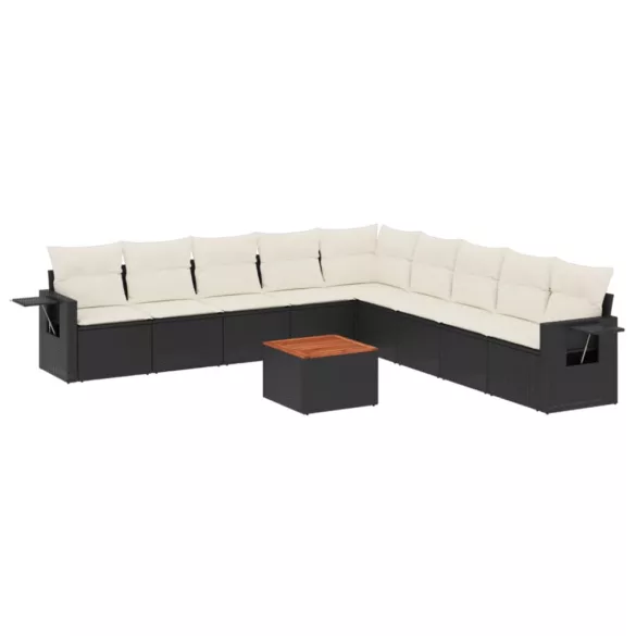 10 részes fekete polyrattan kerti ülőgarnitúra párnákkal