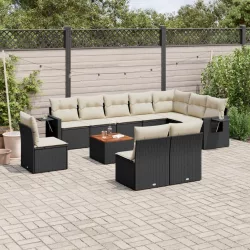   11 részes fekete polyrattan kerti ülőgarnitúra párnákkal