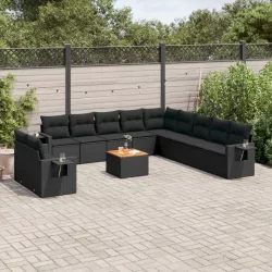   12 részes fekete polyrattan kerti ülőgarnitúra párnákkal