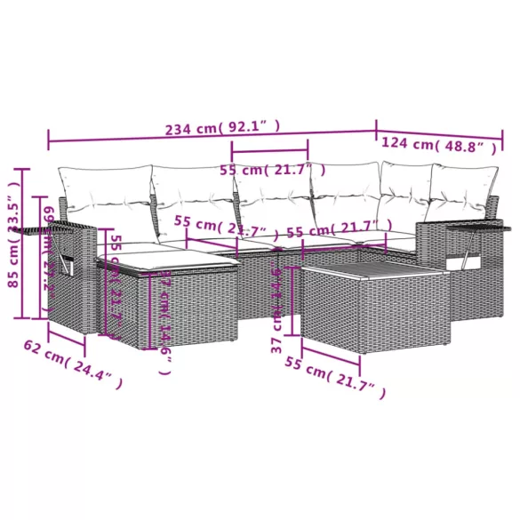 7 részes vegyes bézs polyrattan kerti ülőgarnitúra párnákkal