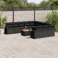   12 részes fekete polyrattan kerti ülőgarnitúra párnákkal