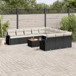 12 részes fekete polyrattan kerti ülőgarnitúra párnákkal