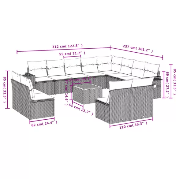 13 részes fekete polyrattan kerti ülőgarnitúra párnákkal