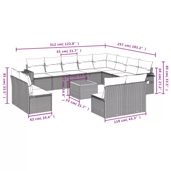 13 részes szürke polyrattan kerti ülőgarnitúra párnákkal