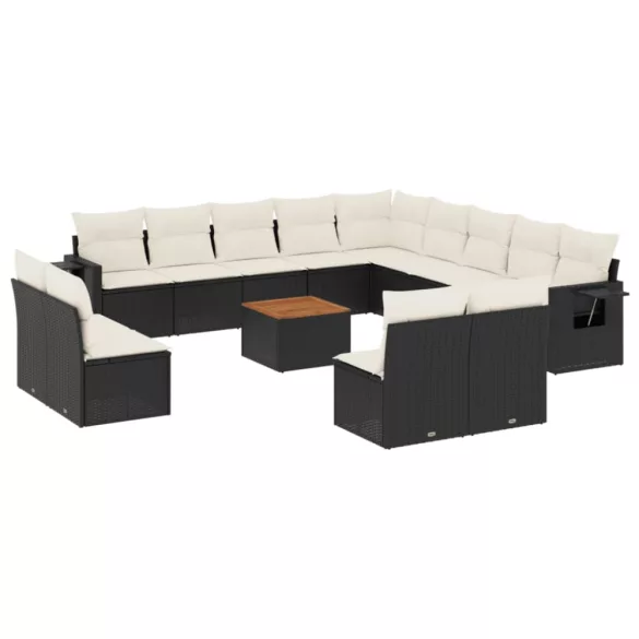 14 részes fekete polyrattan kerti ülőgarnitúra párnákkal