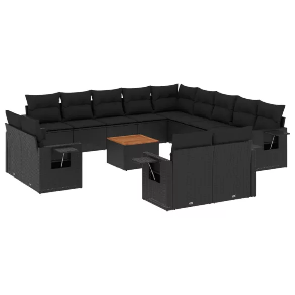 14 részes fekete polyrattan kerti ülőgarnitúra párnákkal