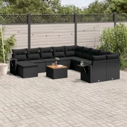   12 részes fekete polyrattan kerti ülőgarnitúra párnákkal