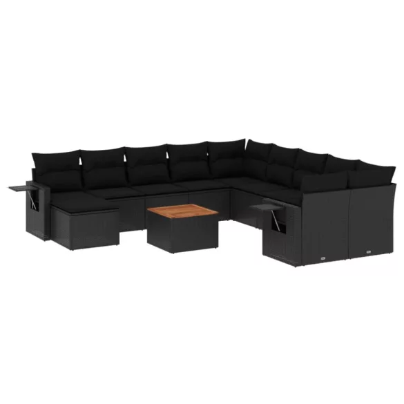 12 részes fekete polyrattan kerti ülőgarnitúra párnákkal