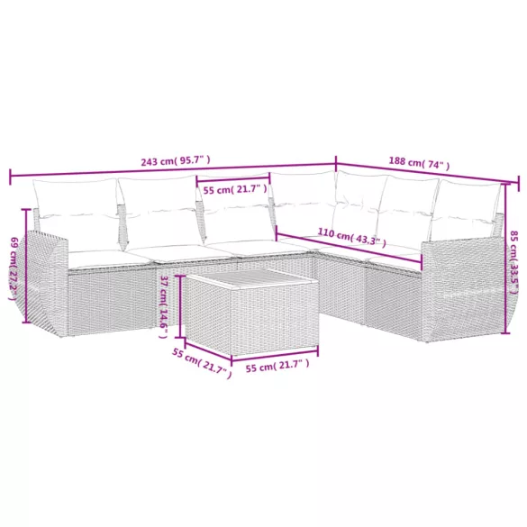 7 részes fekete polyrattan kerti ülőgarnitúra párnával