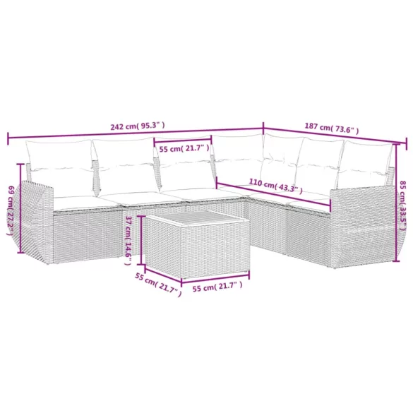 7 részes fekete polyrattan kerti ülőgarnitúra párnával