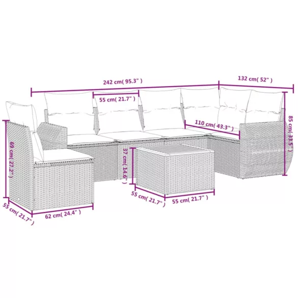 7 részes fekete polyrattan kerti ülőgarnitúra párnával