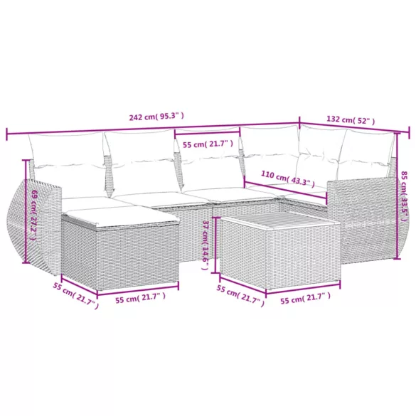 7 részes fekete polyrattan kerti ülőgarnitúra párnával