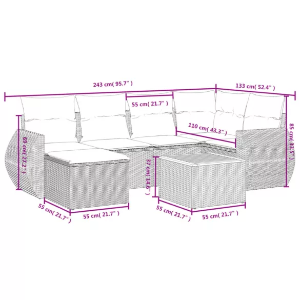7 részes fekete polyrattan kerti ülőgarnitúra párnával
