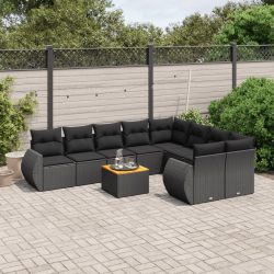   10 részes fekete polyrattan kerti ülőgarnitúra párnákkal