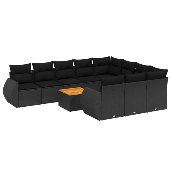 11 részes fekete polyrattan kerti ülőgarnitúra párnákkal